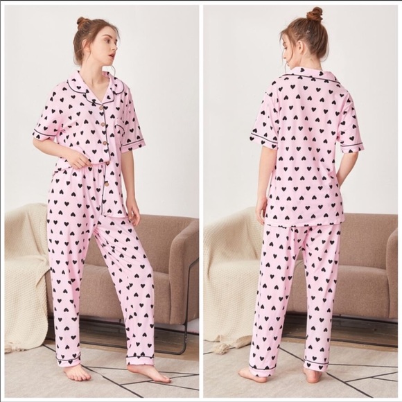 New Pink Heart Long Pajama Set - Picture 1 of 4